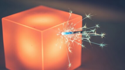 Bright idea ignites with sparkling energy from a glowing cube