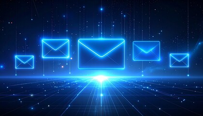 Digital illustration of glowing blue envelope icons floating in virtual space with data lines and particles.