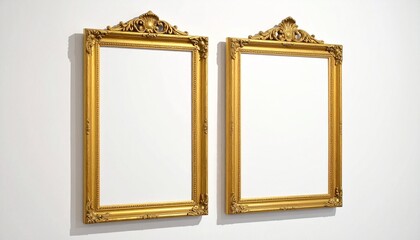 Two ornate gold picture frames with decorative inner edges mounted vertically on a white wall.