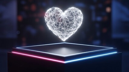 White Wireframe Digital Heart on a Dark Futuristic Podium with Neon Edge Accents Valentine