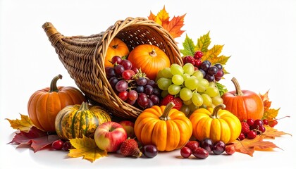 Decorative cornucopia with woven horn-shaped basket spilling pumpkins, gourds, apples, grapes, strawberries, and fall leaves.