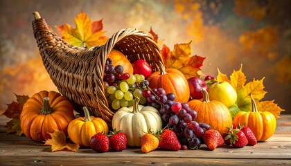 Decorative cornucopia with woven horn-shaped basket spilling pumpkins, gourds, apples, grapes, strawberries, and fall leaves.
