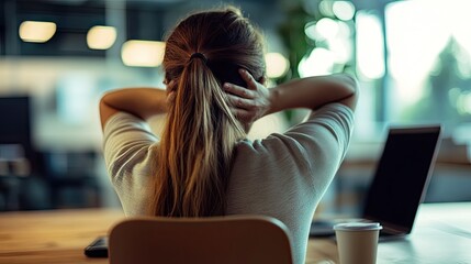 Young woman sitting at a desk with laptop, relaxing with hands on her head in a modern office environment, feeling calm and focused on work