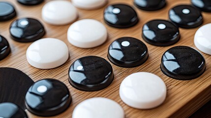 Close-Up of Traditional Go Game Board with Black and White Stones on Natural Wood Surface, Capturing the Essence of Strategic Play and Cultural Heritage