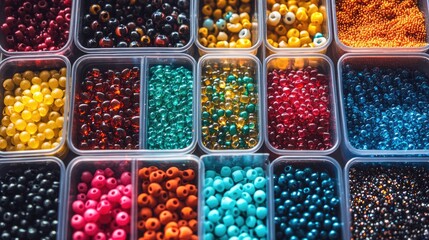 Colorful assortment of craft beads in clear containers arranged neatly, showcasing textures and hues for creative arts and DIY projects