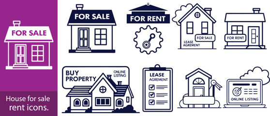 Fototapeta premium House for sale and home for rent icons. Buy property, online listing and lease agreement vector symbols.