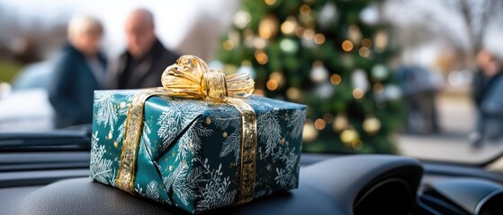 A person drives a car holding the steering wheel while gifts wrapped in colorful paper rest on the passenger seat