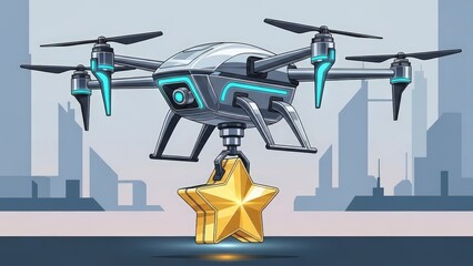 Futuristic Drone Delivering a Golden Star in a Cityscape.