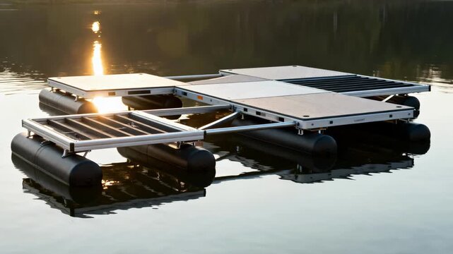 Medium shot of adaptable floating platform undergoing structural adjustments emphasizing versatility in various water environments.