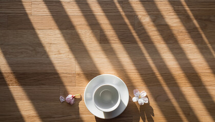 日差しが差し込む木目テーブルの上の白い器と桜、上部に広いコピースペースがある落ち着いた和風背景素材