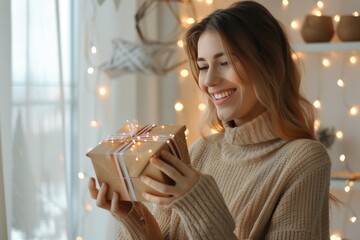 Elegant woman delighted to open a gift in a serene, bright space