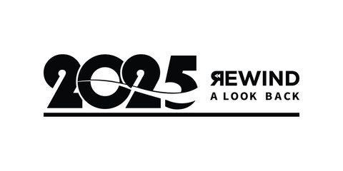 Bold black "2025 Rewind: A Look Back" typography on white background with underline accent. Ideal for year-in-review graphics, recap presentations, social media stories, annual reports.