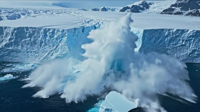 A massive glacier calving as a huge ice shelf breaks and falls into the ocean. Dramatic footage of melting icebergs. A symbol of global warming and climate change in Antarctica. Aerial view.