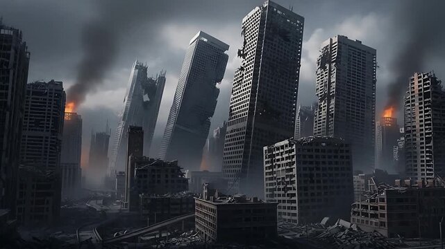 postapocalyptic cityscape: ruined skyscrapers amid smoke and ruins