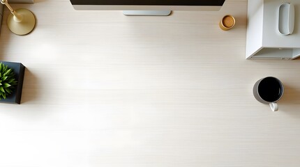 top view modern office desk with coffee cup and empty workspace