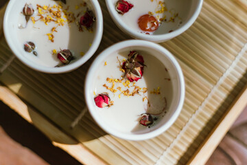 hot tea on a rustic wood background