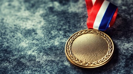 Shiny Gold Medal with Red and Blue Ribbon on Textured Surface for Achievement, Victory, Success, and Recognition Themes in Sports and Competitions