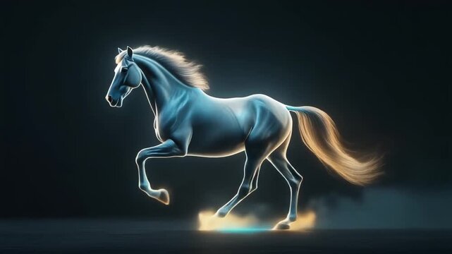 Cinematic footage of a realistically running horse silhouette with natural movement and restrained abstract energy accents, designed for premium film openings and modern brand visuals.