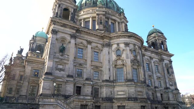 Tilt up to Berlin Cathedral from the River Spree, Berlin, Germany