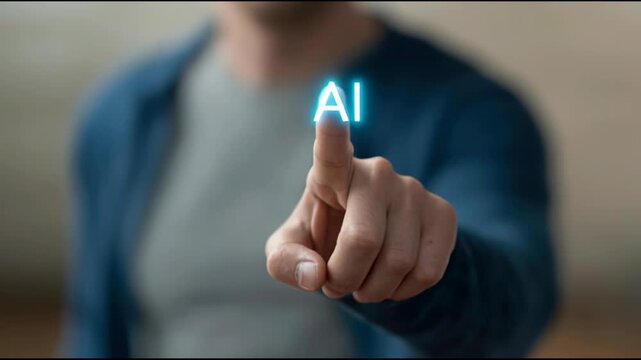 Person pointing finger towards camera with intent to communicate and engage in a meaningful interaction or discussion. Human Pointing at AI Symbol Representing Digital Decision and Interaction
