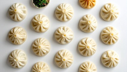 "Neatly arranged dumpling grid with pleated tops, one golden dumpling, and garnish container."