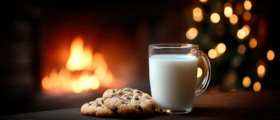 A glass filled with milk sits beside a plate of cookies on a table next to a cozy fireplace and holiday decorations