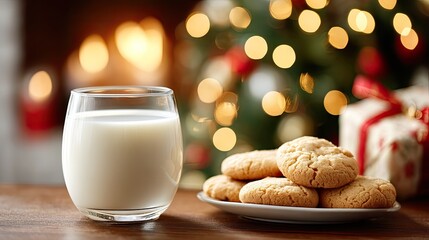A glass filled with milk sits beside a plate of cookies on a table next to a cozy fireplace and holiday decorations