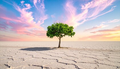 "Solitary green tree in cracked dry land under vibrant pink-orange-blue sunset sky."solitary tree, cracked ground, dry landscape, desert scene, drought symbolism, resilience theme, survival imagery, 