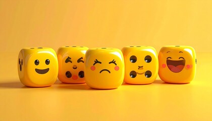 "Yellow dice with expressive emoji faces and black dots arranged on monochromatic yellow background."