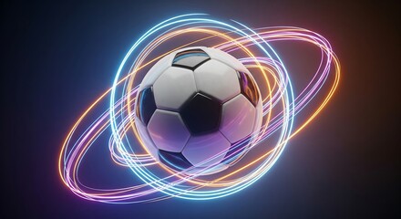 Naklejka premium Futuristic glowing soccer ball with neon orbit lines, digital sports technology concept illustration