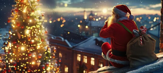 Santa on the rooftop with his gift bag, gazing at the colorful lights of the Christmas tree