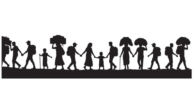 Silhouettes of refugees walking