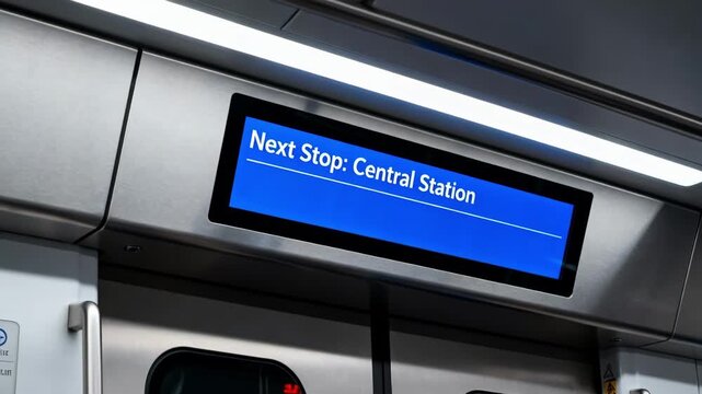 Medium shot of a digital passenger announcement display showing live stop information and route updates in a modern train cabin.
