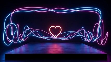 Abstract Heart in a Tangled Web of Pink and Blue Neon Light Trails on a Black Stage Valentine