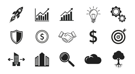 Collection of black and white business and growth icons providing a visual representation of