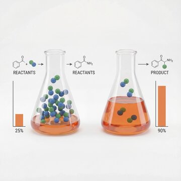 A clear scientific illustration depicting a chemical reaction in laboratory flasks, comparing reactant consumption to product formation, yielding from 25% to 90%.