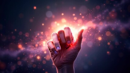Hand showing peace victory sign with glowing fingertips on magical pink purple bokeh background with sparkling particles. concept of celebration, motivation, positivity