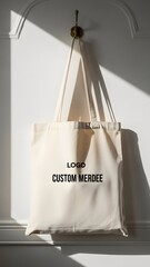 Custom canvas tote bag hanging on wall hook with natural light