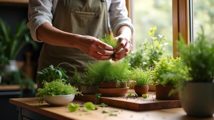 A person tending to fresh green herbs in a small smart indoor garden on a wooden countertop soft daylight illuminating the plants, modern eco friendly atmosphere focused on sustainable living and heal