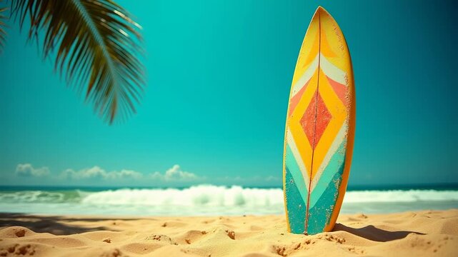 Colorful surfboard stuck upright in golden sand on tropical beach with palm frond and turquoise ocean waves in sunny summer day, concept of surfing lifestyle 