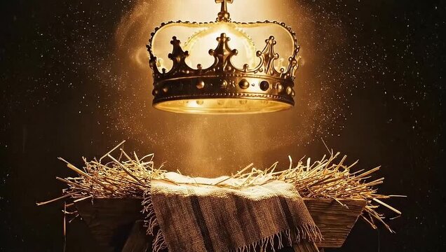 Empty manger with straw and burlap under golden light, symbolic of christmas nativity scene