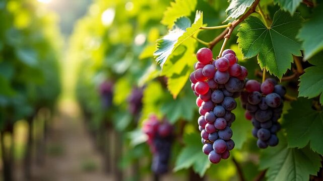 Ripe purple grapes hanging from vine in sunlit vineyard, cluster of fresh berries on green leafy branch amid rows of lush grapevines, concept of winery, agriculture, food production