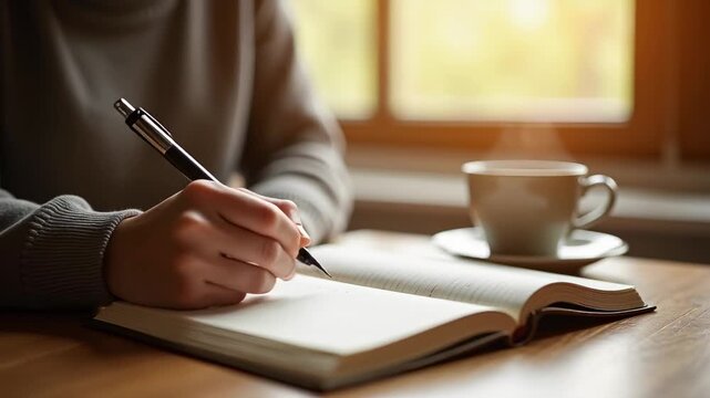 Woman writing in open notebook with black pen next to steaming coffee cup on wooden table bathed in warm golden sunlight from nearby window creating peaceful morning atmosphere, concept of journaling,