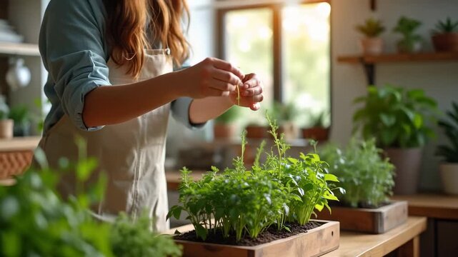 A person tending to fresh green herbs in a small smart indoor garden on a wooden countertop soft daylight illuminating the plants, modern eco friendly atmosphere focused on sustainable living and heal