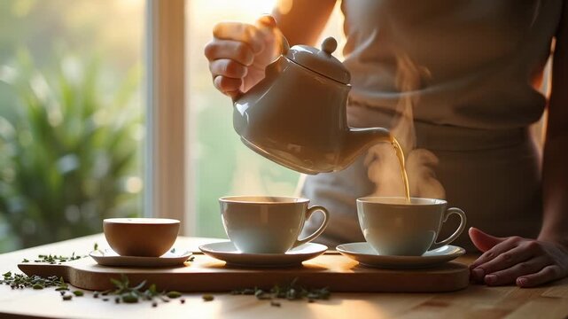 Woman pouring steaming herbal tea from glass kettle into white cups on wooden table in warm sunlit morning with fresh herbs and soft natural light through window, concept of wellness ritual, healthy m