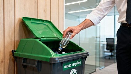 Office worker disposing empty bottle into mixed recycling container promoting sustainability and eco‑friendly workplace habits