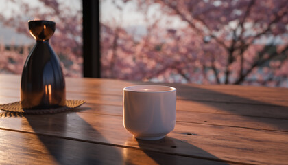 夕暮れの桜を背景にしたお猪口と徳利、右側に広いコピースペースがある静かな春の和風素材
