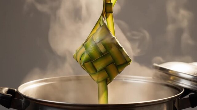 Steaming Lemang being lifted from pot in traditional cooking process