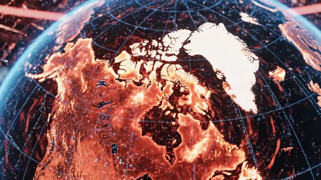 A futuristic digital globe showing a fiery North America. 3D animation of a rotating planet in a high-tech command center. Global crisis, climate change, and data network concept.