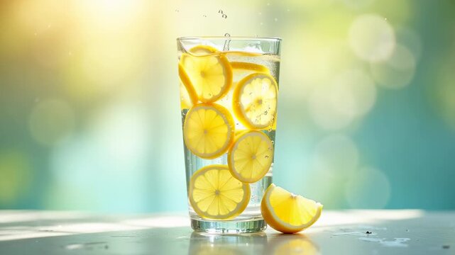 Refreshing glass of sparkling lemon water garnished with fresh lemon slices next to whole and halved lemons on wooden table, concept of healthy hydration, detox drink, summer refreshment